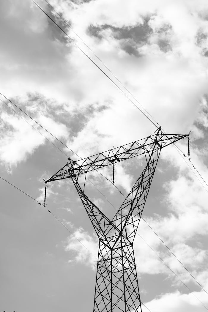 A high voltage power line tower stands tall against a dramatic cloudy sky in monochrome.